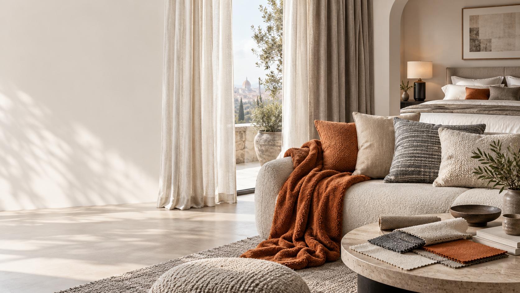 Layered curtains, cushions, throws and bedding in a warm interior