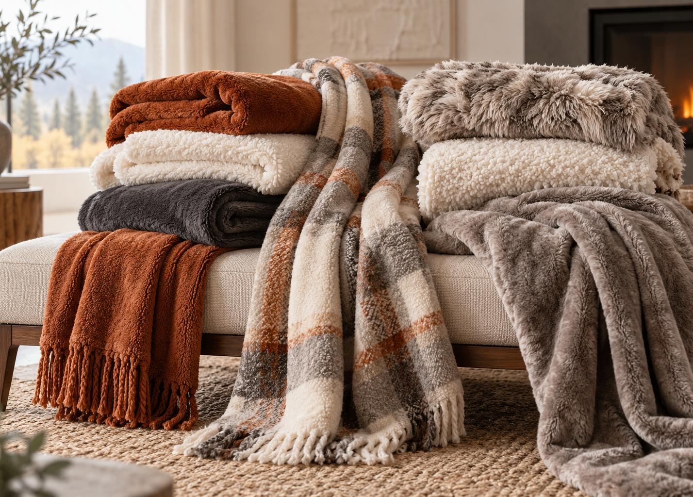 A collection of layered throws and blankets