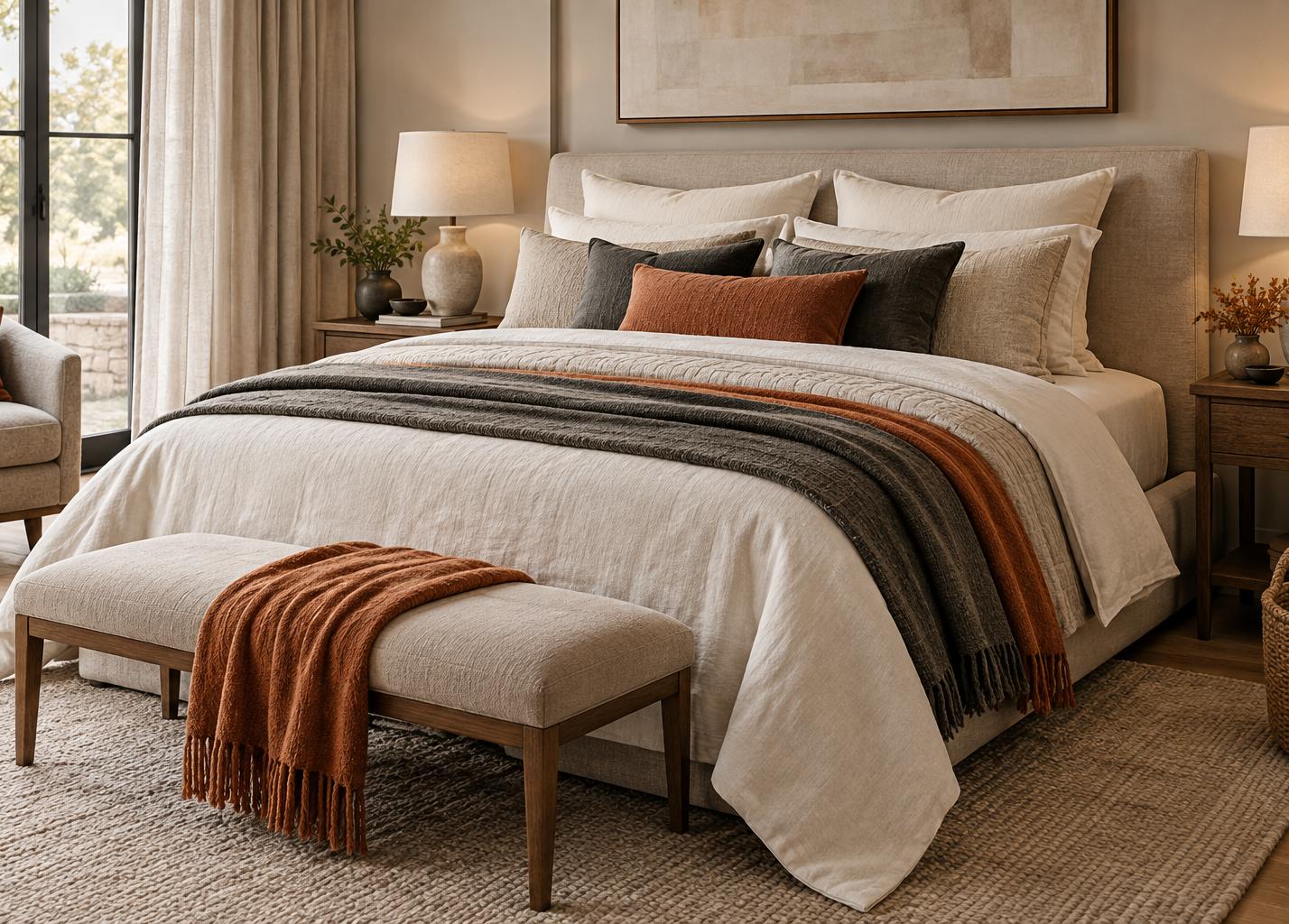 Layered bedding in a softly furnished bedroom